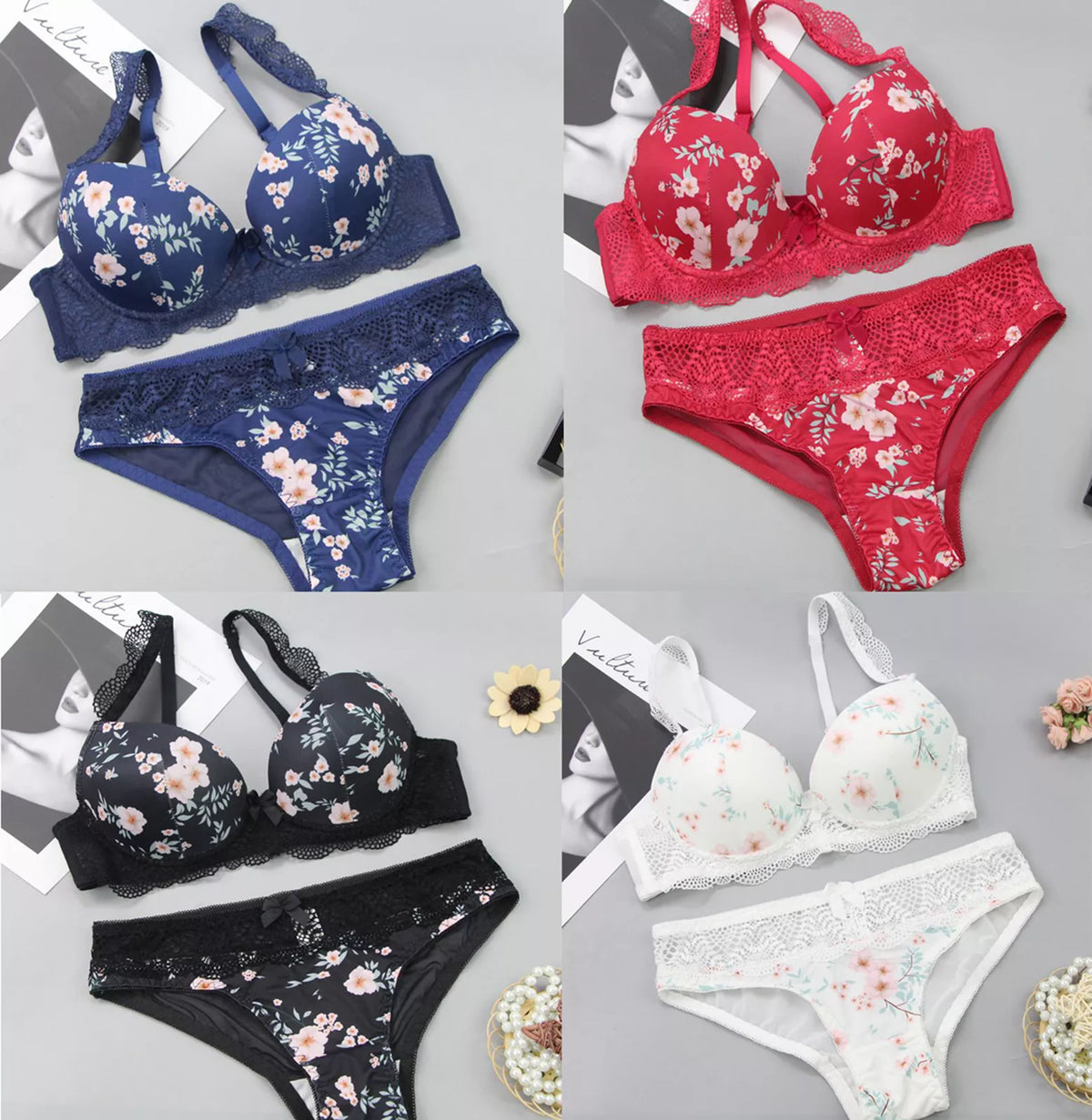Women's UnderWired Full Cup Lace Multiway Bra with Matching Panty (Set of 4)